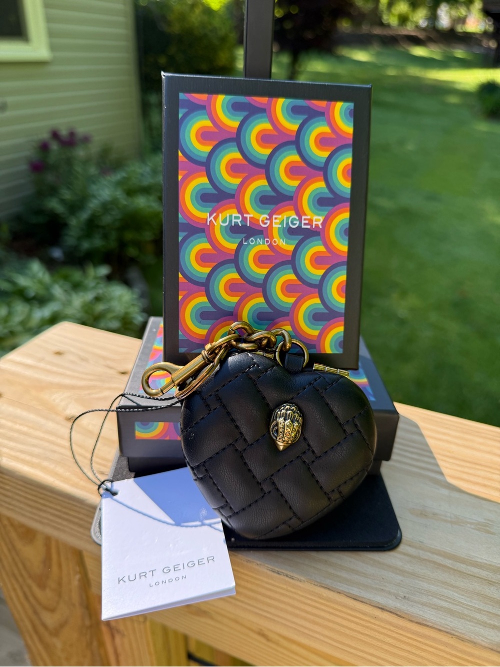 Kurt Geiger Black Quilted Heart Bag Charm & Compact Mirror with Gold Hardware